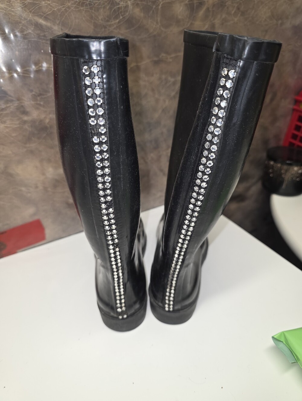 Black Rhinestone Trim Women's Tall Rain Boots UK 5 Or US 7